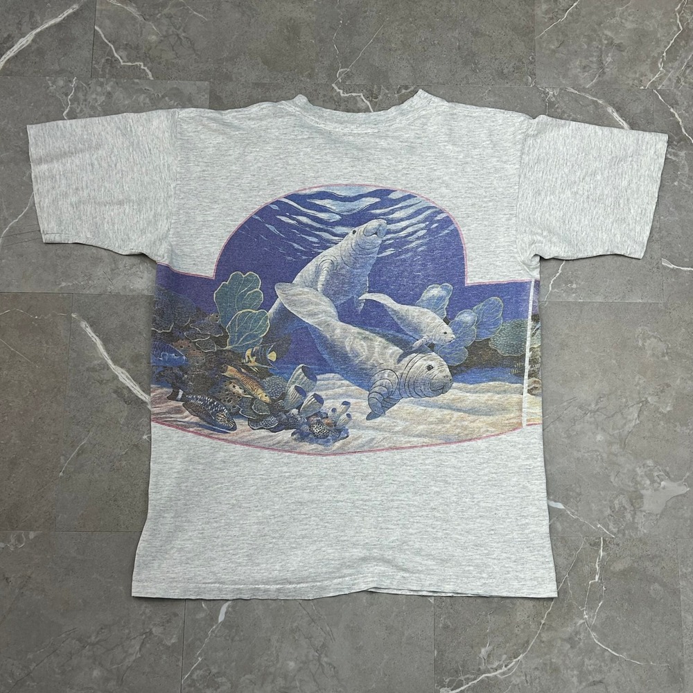 Vintage Manatee Graphic Tee Mens Medium Nature Animals Fish AOP Wrap All Over